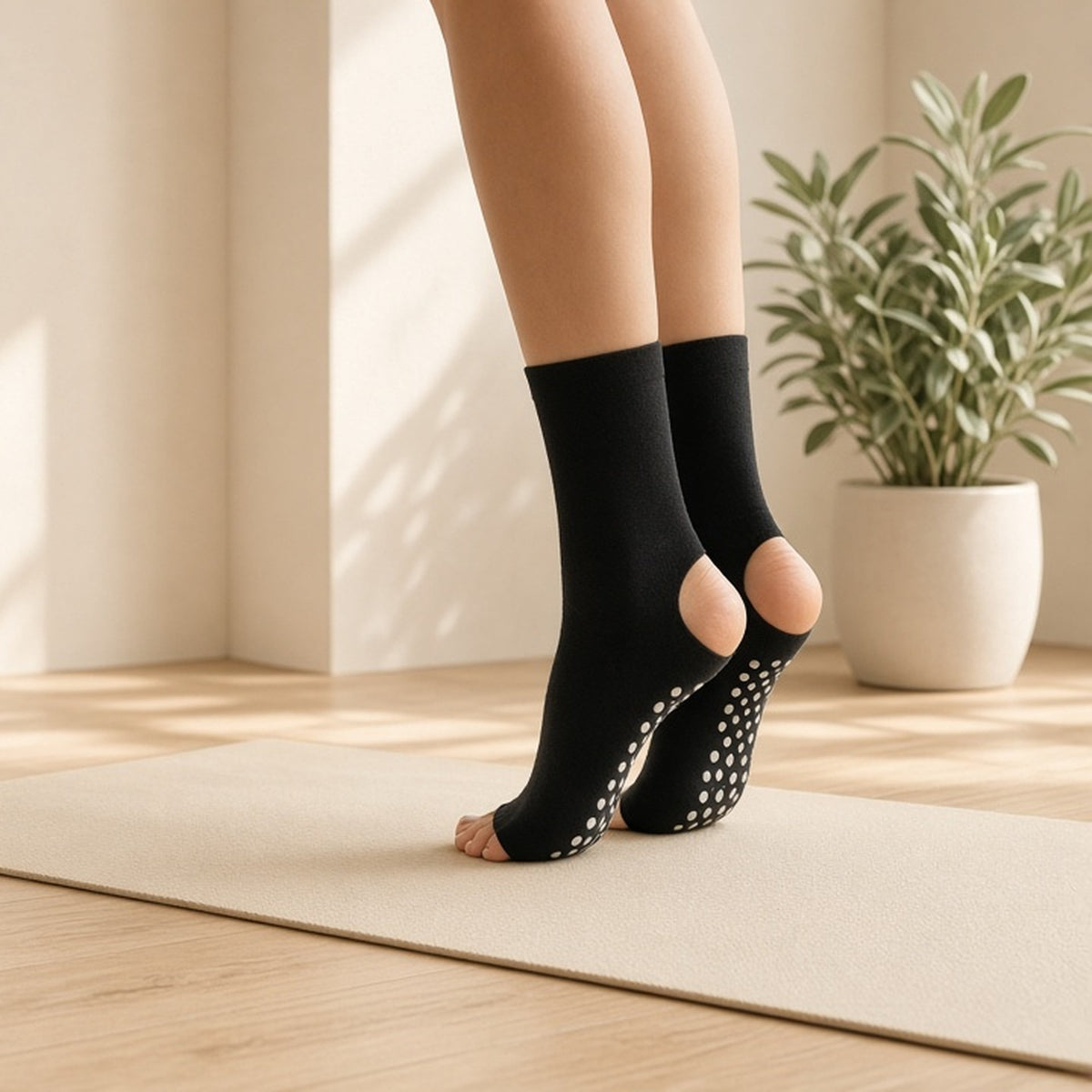 Black open-toe Pilates grip sock with grip dots, worn in a sunlit yoga studio