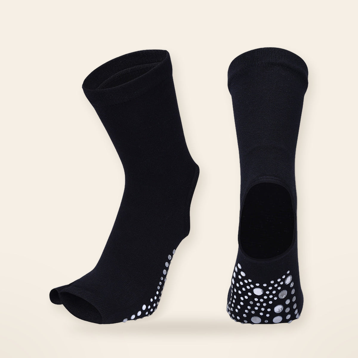 Black Pilates grip socks, open toe and heel with grip sole