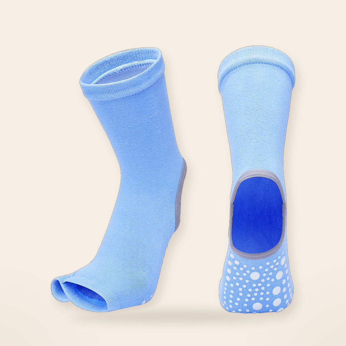 Blue Pilates grip socks, open toe and heel with grip sole
