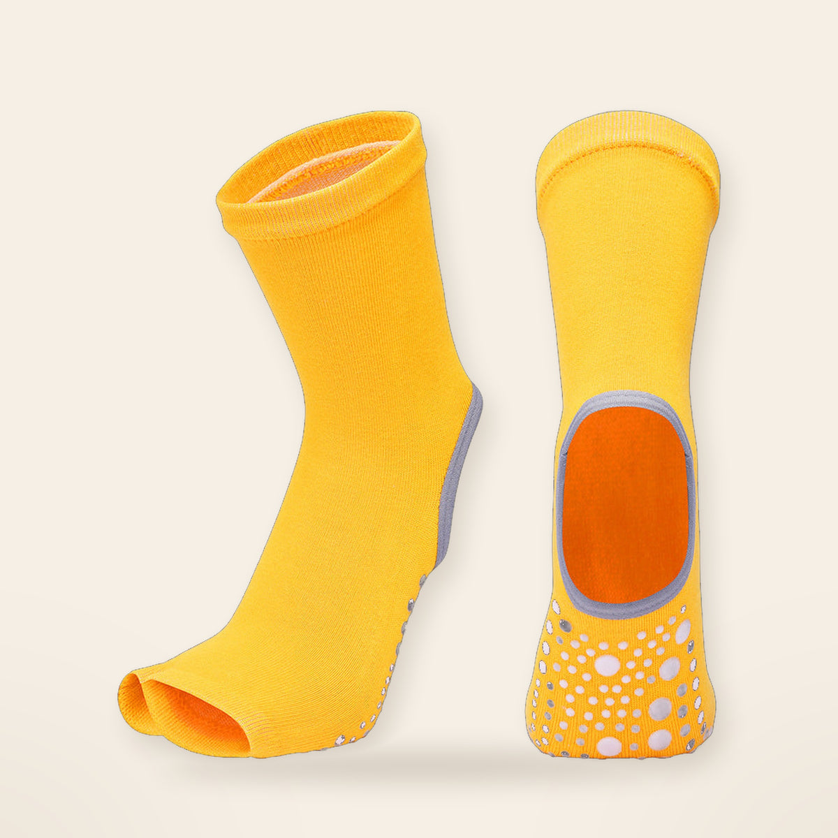 Yellow Pilates grip socks, open toe and heel with grip sole
