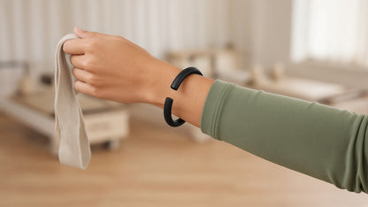 Black silicone bangle wrist weight being worn in a Pilates studio